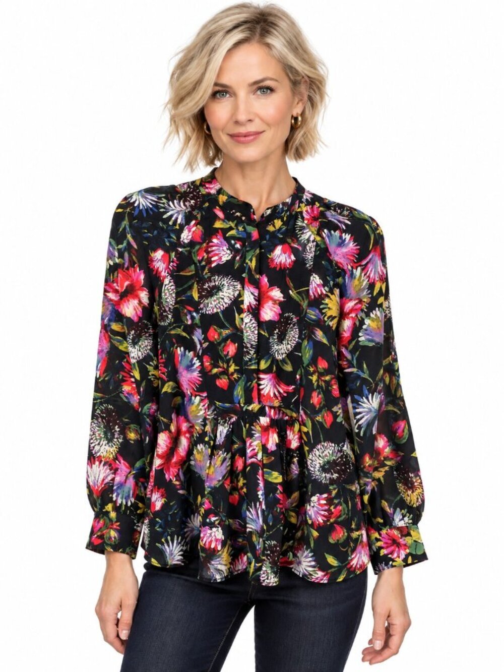 J. Crew Black Floral Pleat Front Pure Silk Top